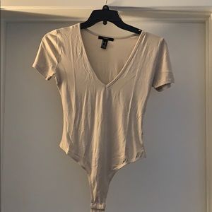 Tan Forever 21 Short Sleeve V-Neck Bodysuit